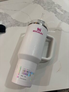 Stanley White Glitter Tumbler with Pink Logo